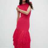 Aje Rushes Raffia Midi Dress in Deep Fuschia