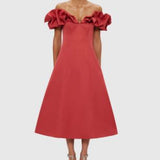 Leo Lin Annie Off Shoulder Frilled Midi Dress in Mulberry