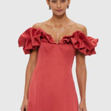 Leo Lin Annie Off Shoulder Frilled Midi Dress in Mulberry