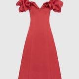 Leo Lin Annie Off Shoulder Frilled Midi Dress in Mulberry